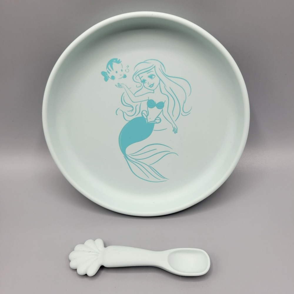 Disney Baby Bumkins Plate & Spoon Set Mermaid Design Silicone 7" Blue/Aqua